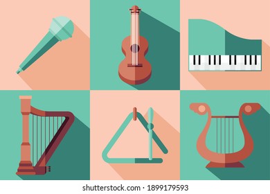 diseño de conjunto de símbolos de instrumentos, melodía de sonido musical y tema de la canción Ilustración vectorial