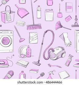 

Instruments and tools for cleaning and household chemicals . Vector seamless pattern on a light pink background