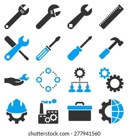 Instruments and tools icon set. These bicolor icons use modern corporate light blue and gray colors, white color is not used in the symbols.