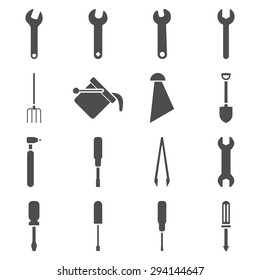 Instruments and tools icon set. Vector style: flat symbols, gray color, rounded angles, white background.