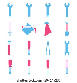 Instruments and tools icon set. Vector style: flat bicolor symbols, pink and blue colors, rounded angles, white background.