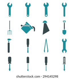 Instruments and tools icon set. Vector style: flat bicolor symbols, soft blue colors, rounded angles, white background.