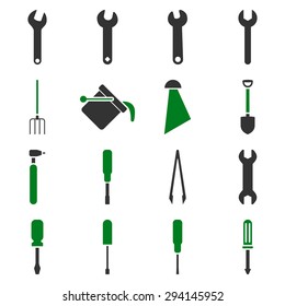 Instruments and tools icon set. Vector style: flat bicolor symbols, green and gray colors, rounded angles, white background.