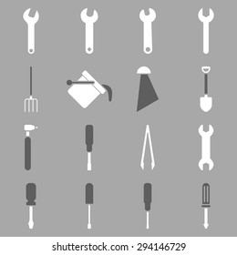 Instruments and tools icon set. Vector style: flat bicolor symbols, dark gray and white colors, rounded angles, silver background.