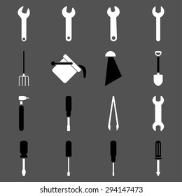 Instruments and tools icon set. Vector style: flat bicolor symbols, black and white colors, rounded angles, gray background.