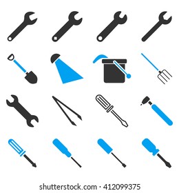 Instruments and tools icon set. Vector style is flat bicolor symbols, blue and gray colors, rounded angles, white background.