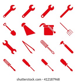 Instruments and tools icon set. Vector style is flat symbols, red color, rounded angles, white background.