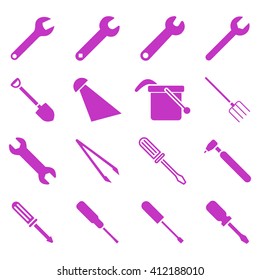 Instruments and tools icon set. Vector style is flat symbols, violet color, rounded angles, white background.