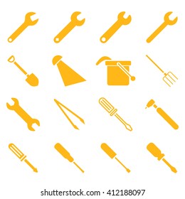 Instruments and tools icon set. Vector style is flat symbols, yellow color, rounded angles, white background.