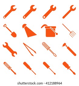 Instruments and tools icon set. Vector style is flat symbols, orange color, rounded angles, white background.
