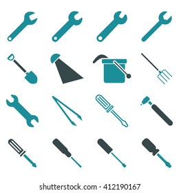 Instruments and tools icon set. Vector style is flat bicolor symbols, soft blue colors, rounded angles, white background.