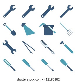 Instruments and tools icon set. Vector style is flat bicolor symbols, cyan and blue colors, rounded angles, white background.