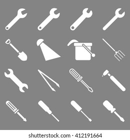 Instruments and tools icon set. Vector style is flat symbols, white color, rounded angles, gray background.