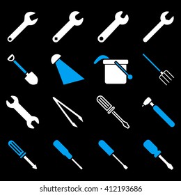 Instruments and tools icon set. Vector style is flat bicolor symbols, blue and white colors, rounded angles, black background.