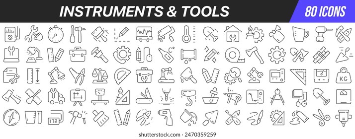 Instrumentos y herramientas línea iconos colección. Icono de interfaz de usuario grande en un diseño plano. Paquete de iconos de contorno fino. Ilustración vectorial EPS10