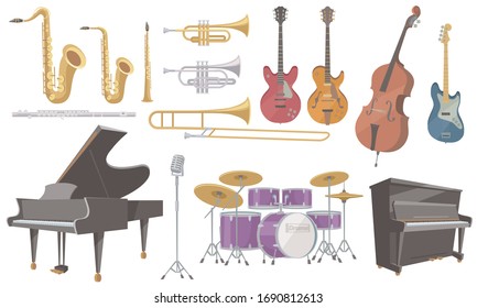 Instruments used for jazz performances on white background. Vector illustration in flat cartoon style.