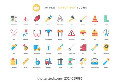 Instruments from workers toolbox to measure and repair, fix toolkit for work, construction technology symbols. Mechanic tools and industry equipment trendy flat icons set vector illustration