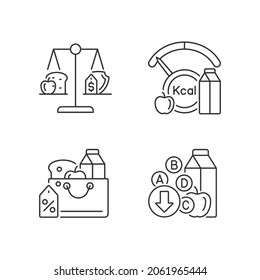 Insufficient food consumption linear icons set. Malnutrition and hunger issue. Grocery products sale. Customizable thin line contour symbols. Isolated vector outline illustrations. Editable stroke