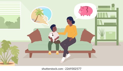 Insufficient funds to afford family holiday flat color vector illustration. Sad mother with son. Hero image. Fully editable 2D simple cartoon characters with living room interior on background