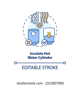 Insulate Hot Water Zylinder Konzept Symbol. Reduzieren Sie den Wärmeverlust. Sparen Sie Energie abstrakte Idee dünne Linie Illustration. Einzeln Umrisszeichnung. Bearbeitbarer Strich. Arial, Myriad Pro Fett Schriftarten verwendet