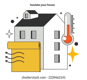 Informieren Sie sich über Ihr Haus für Energieeffizienz zu Hause. So sparen Sie auf Ihrer Heizrechnung oder senken Sie Ihre Versorgungskosten. Wärmespeicherung. Inflation oder wirtschaftlicher Rezessionseffekt. Flache Vektorgrafik