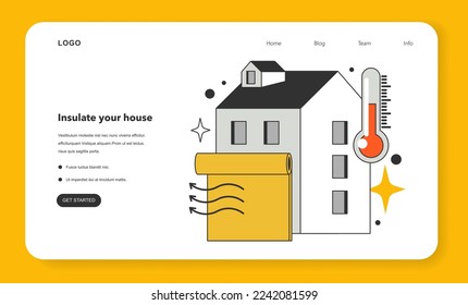 Informieren Sie Ihr Haus über Energieeffizienz auf dem Webbanner oder der Startseite. So sparen Sie auf Ihrer Heizrechnung oder senken Sie Ihre Versorgungskosten. Wärmespeicherung. Flache Vektorgrafik