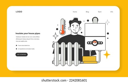 Insulate your house pipes for energy efficiency at home web banner or landing page. How to save on your heating bill. Heat conservation. Economic recession effect. Flat vector illustration