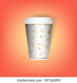 insulated disposable coffee mug. Realistic paper coffee or tea cup, mug. Mock up. Vector Template. Take away utensil, tableware. Hot drinks cups. White paper cup and with pattern about coffee love.