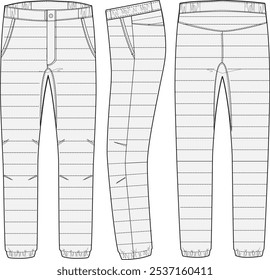 Insulated Down Puffer Pants Technical Fashion Illustration Mock-up Winter Bottoms Template for Design and Tech Packs with Front, Side and Back Views (Calças isoladas para baixo, calças de baú de vidro, modelos de fundo de inverno para design e Tech Packs, com vista frontal, lateral e traseira)