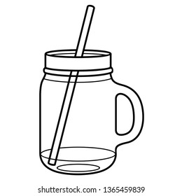 Insulated jar cup with straw. Vector outline icon isolated on white background.