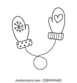 Insulated mittens on a string with a snowflake and a heart. For decoration, coloring, single object