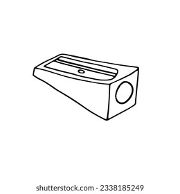 Insulated pencil sharpener on white background. Simple line drawing. Black outline drawn by hand.