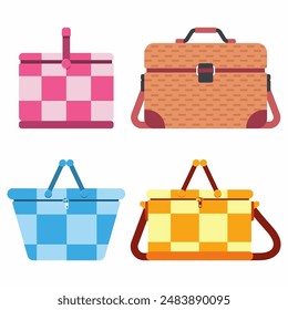 Insulated picnic baskets vector cartoon set isolated on a white background.
