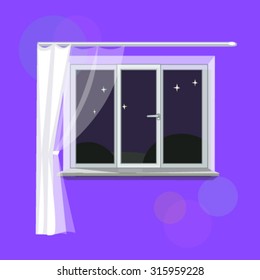 Insulated plastic white window in the apartment, overlooking the night. Pure night sky, light curtains, empty windowsill. Vector illustration.