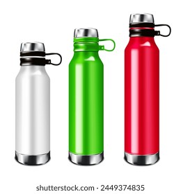 Insulated reusable metal water bottle. Realistic vector mockup set. Stainless steel eco sport flask mock-up. Template for design. Easy to recolor