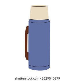 Insulated thermos bottle with lid. Portable hiking vacuum flask for hot beverages, tea. Travel thermo vessel with cap, for warm drinks. Flat vector illustration isolated on white background 