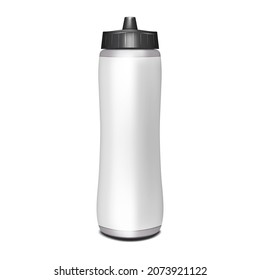 Insulated water bottle with blank white label and black cap mock-up. Fitness sport flask mockup. Realistic vector template for design