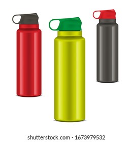 Insulated water bottle with carry handle, realistic vector illustration. Stainless steel flask. Color set. Easy to recolor.