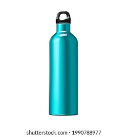 Insulated water bottle with carry handle, realistic vector mockup. Stainless steel shiny metal sport flask, template