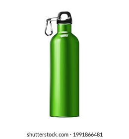 Insulated water bottle with carry handle and carabiner clip, realistic vector mock-up. Stainless steel sport flask. Template for design