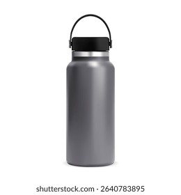 Insulated water bottle. Reusable thermo flask mockup. Stainless steel metal thermos, realistic portable coffee or tea container with plastic lid for branding illustration. Sport bottle blank template