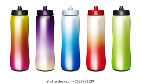 Insulated water bottle with screw top lid isolated on white background mock-up. Blank sport flask mockup. Color set. Easy editable vector illustration
