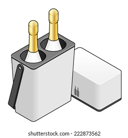 An insulated wine carrier Opened to show two champagne bottles. 