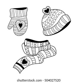 Insulated winter accessories - hat, scarf and mitten-style doodles, zentangle.Knit abstract black linear things. Vector illustration