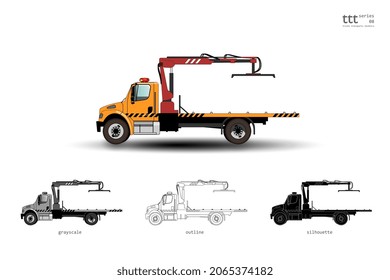 Insulated yellow truck with red boom. Tow truck with lift flatbed.