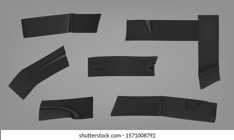 Insulating duct tape. Black adhesive scotch stripes attached with wrinkles. Vector set of realistic sticky tape pieces for fix, repair or packaging isolated on gray background