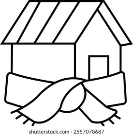 Insulating a house, linear icon. The house in scarf. Interpretation of home insulation. warm thermal living space symbols, warmth radiation elements emblems infographic, on transparent background.