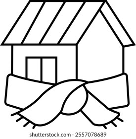 Insulating a house, linear icon. The house in scarf. Interpretation of home insulation. warm thermal living space symbols, warmth radiation elements emblems infographic, on transparent background.