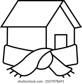 Insulating a house, linear icon. The house in scarf. Interpretation of home insulation. warm thermal living space symbols, warmth radiation elements emblems infographic, on transparent background.