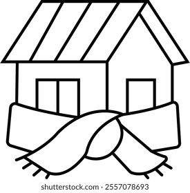 Insulating a house, linear icon. The house in scarf. Interpretation of home insulation. warm thermal living space symbols, warmth radiation elements emblems infographic, on transparent background.